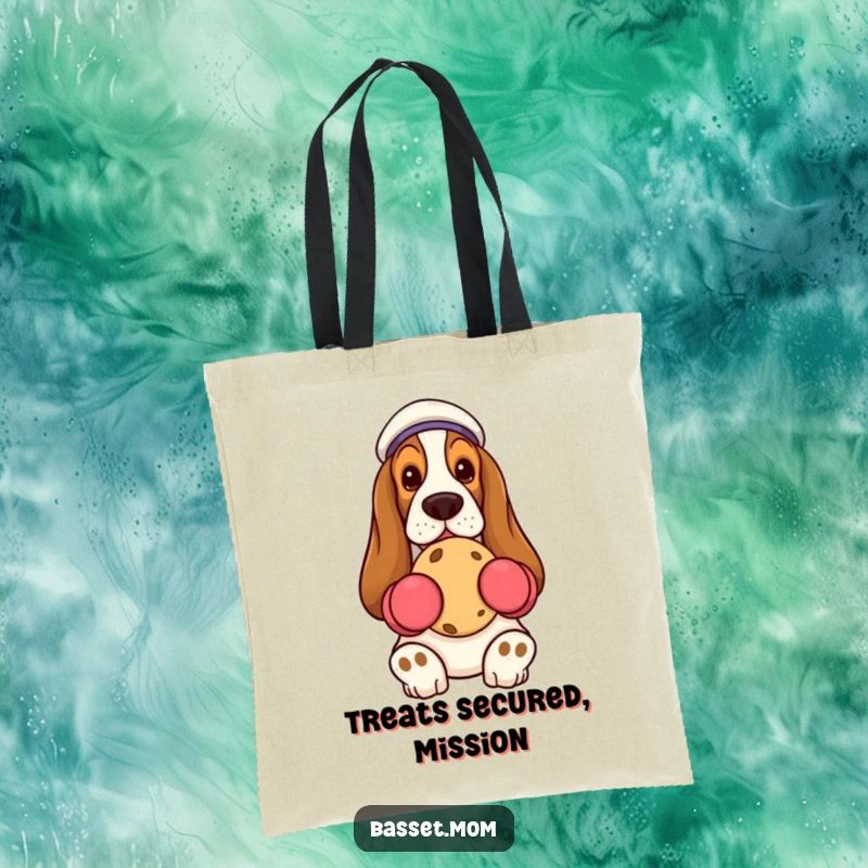 Funny Basset Hound in oven mitts, holding cookie, reusable shopping bag, humorous dog tote.