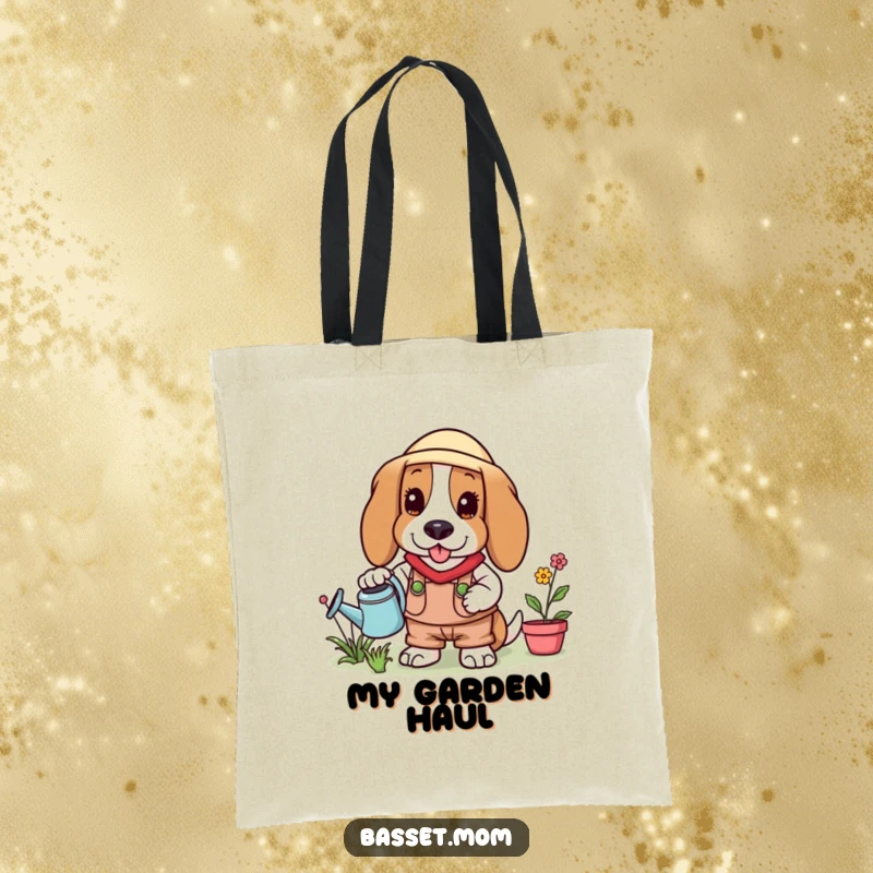 Funny Basset Hound gardener tote bag, complete with watering can, showcasing a love for plants and dogs.