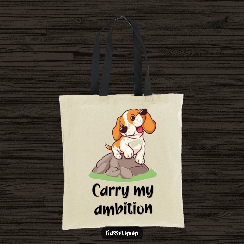 Funny Basset Hound tote bag, a dog with a determined gaze climbing a hill, perfect for carrying items on any journey.