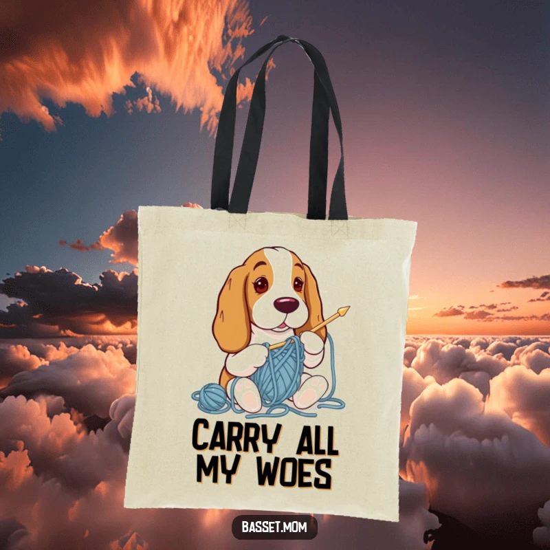 Funny Basset Hound struggling to knit, hopelessly tangled in yarn, featured on a durable and stylish tote bag.