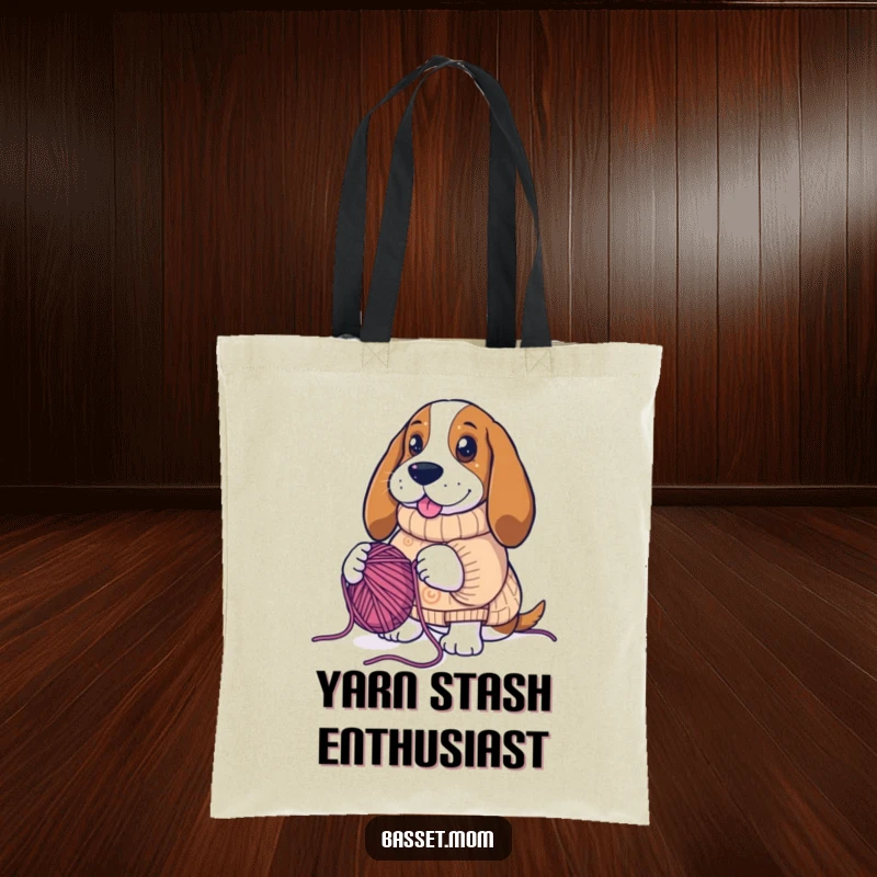 Funny Basset Hound knitting, creating a yarn explosion, reusable shopping bag, humorous dog tote.