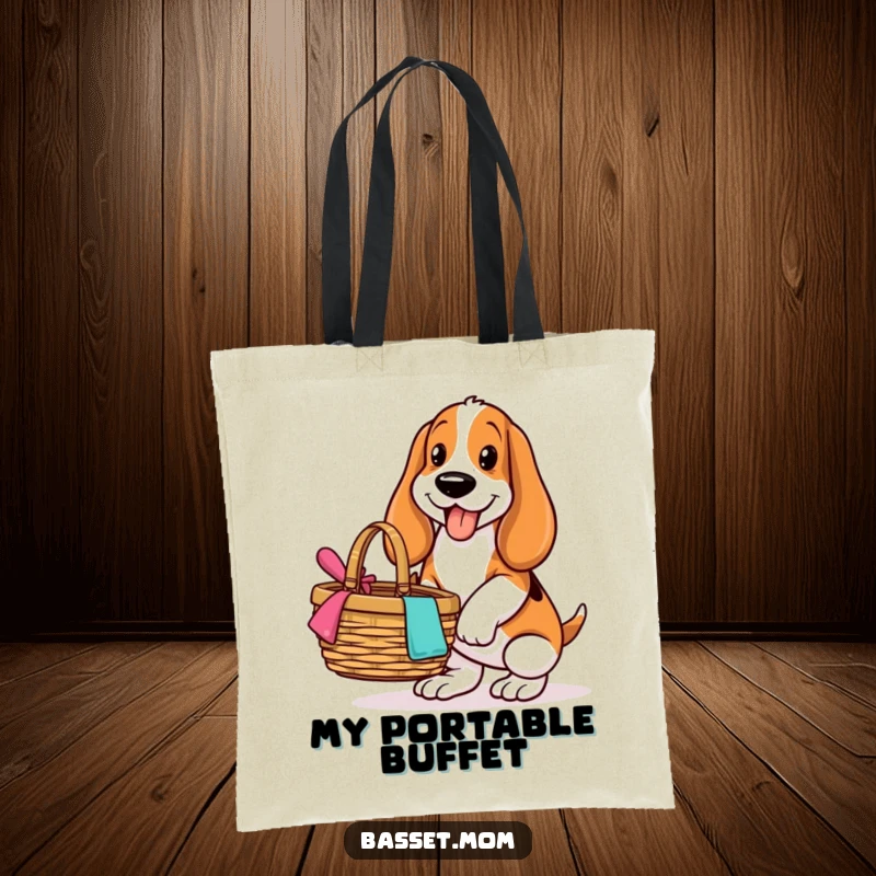 Funny Basset Hound tote bag, featuring a happy dog balancing a picnic basket, great for carrying outdoor essentials.