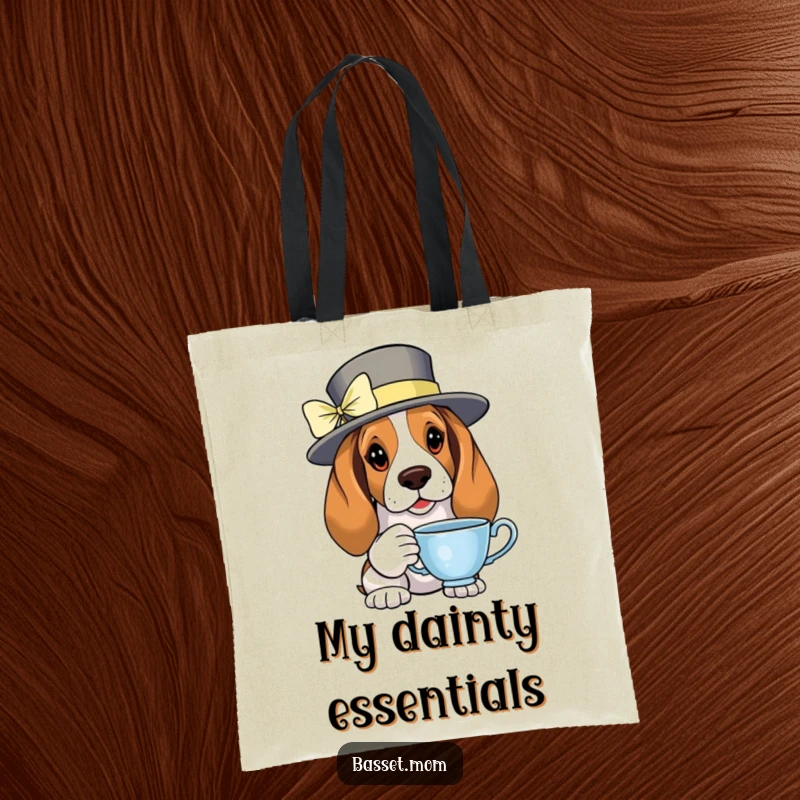 Funny Basset Hound tea party tote bag, featuring a fancy dog with a teacup, for carrying daily essentials.