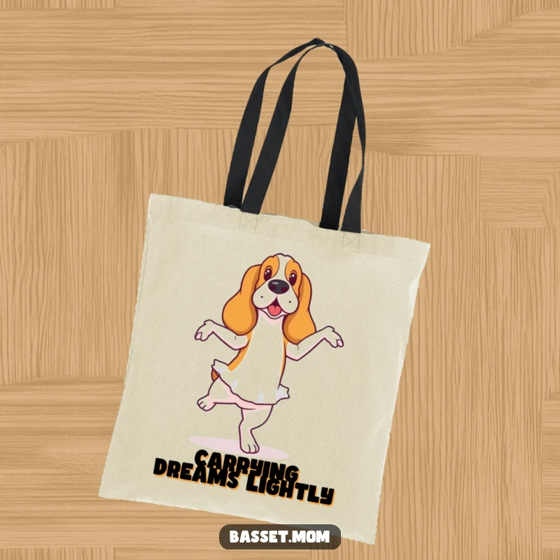 Funny Basset Hound tote bag showing a dog in a ballet pose with a slight wobble, a humorous accessory for carrying dance essentials.