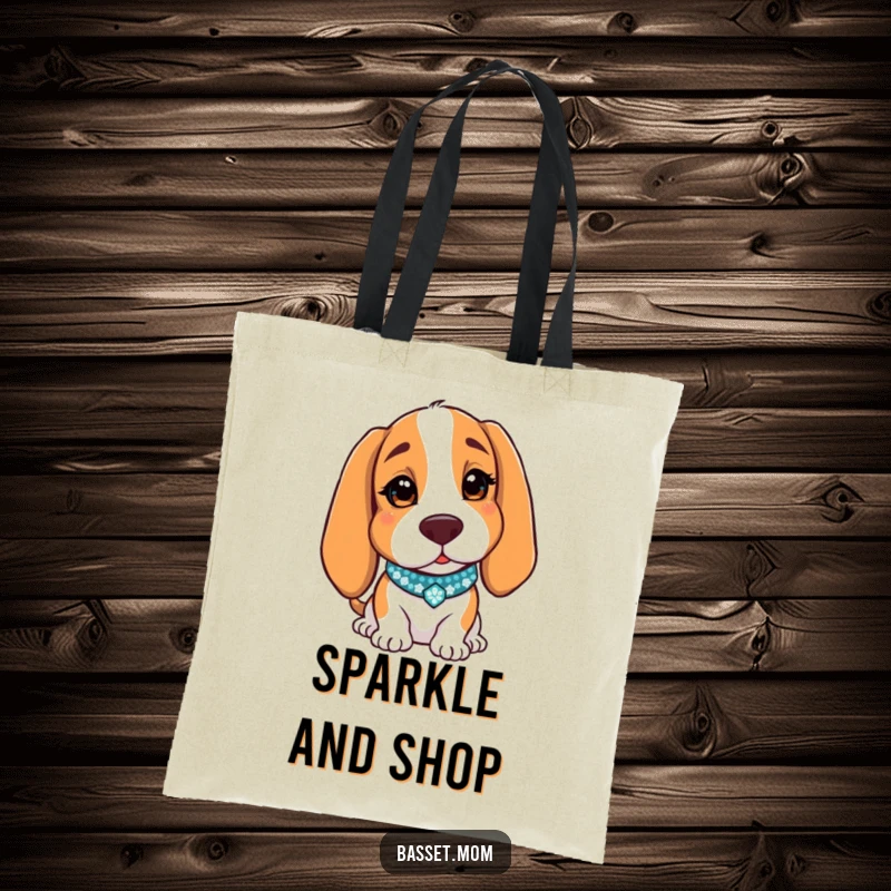 Funny Basset Hound tote bag with a dog wearing a sparkly collar, charmingly winking, perfect for carrying items with humor.