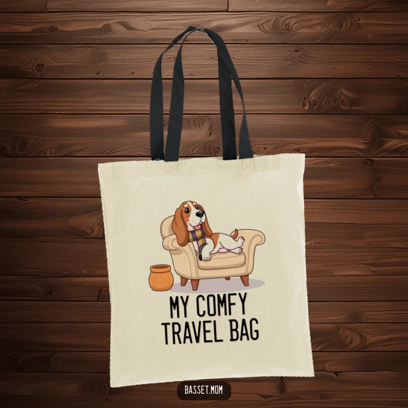 Funny Basset Hound wearing a scarf lounges on a cozy armchair, perfect for carrying your relaxation essentials with humorous style.