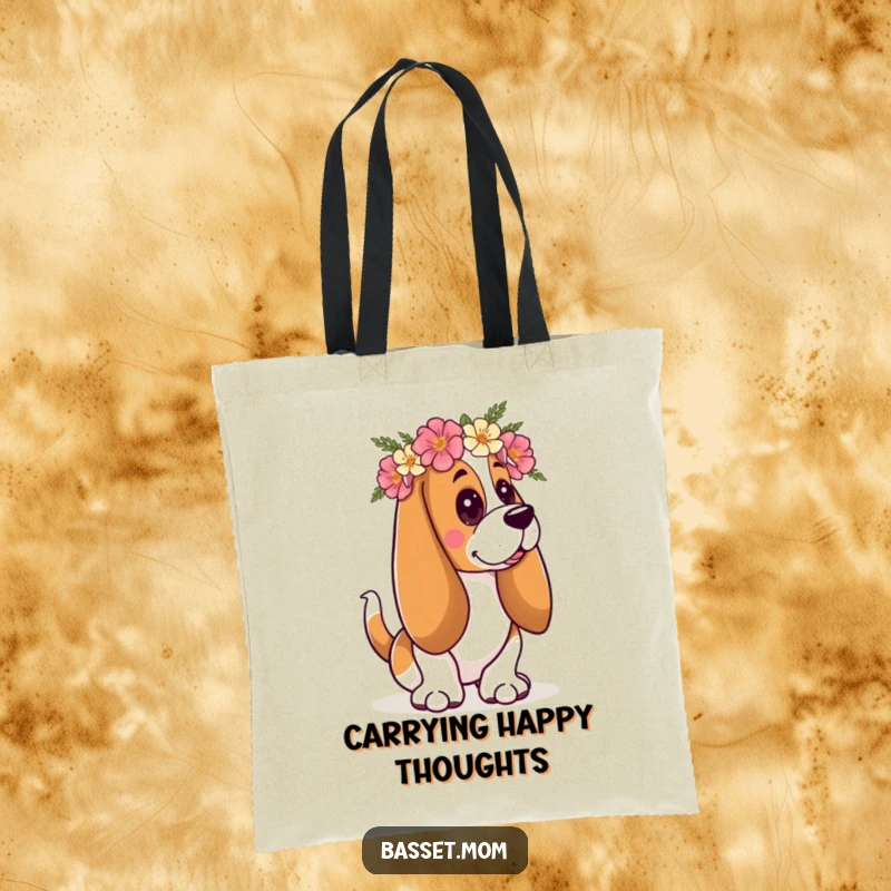 Funny Basset Hound tote bag showcasing a dog with a floral crown, happily wagging its tail, ideal for stylish and cheerful carrying.