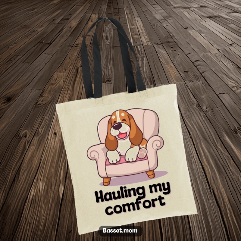 Funny Basset Hound tote bag, depicting a happy sigh while lounging on a cushioned chair, a stylish accessory for ultimate relaxation.