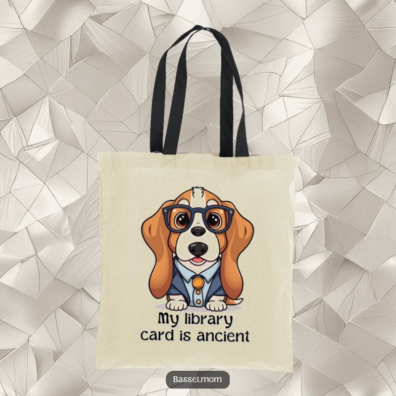 Funny librarian Basset Hound tote bag with a dog in spectacles, perfect for carrying books, a stylish and humorous accessory for readers.