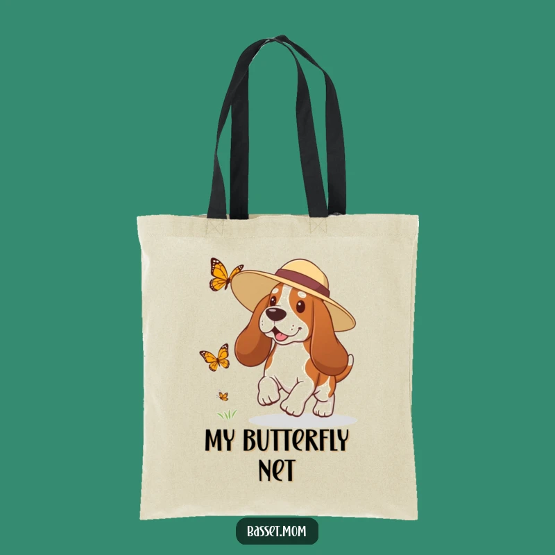 Funny Basset Hound Sun Hat Butterfly Chase Tote Bag - Playful Dog Accessory