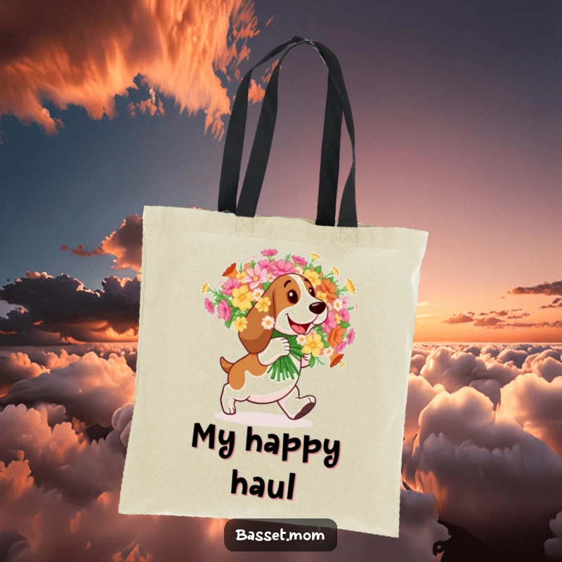 Funny Basset Hound tote bag, a dog joyfully carrying a large bouquet of flowers, ready for delivery.