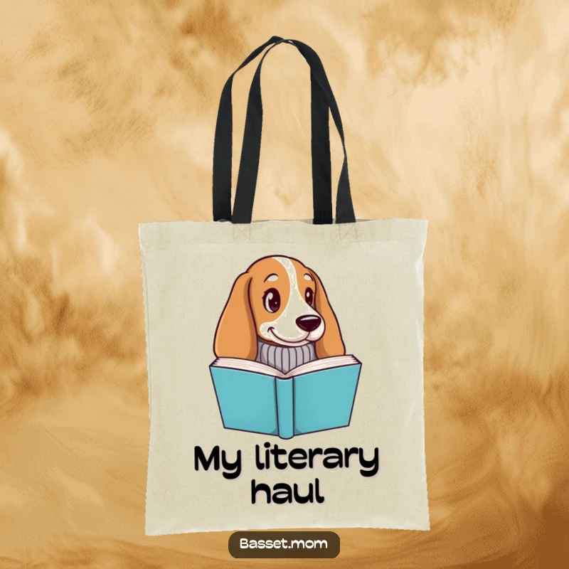 Funny Basset Hound tote bag, a dog in a knitted sweater peeking over a book, practical for carrying books and essentials.