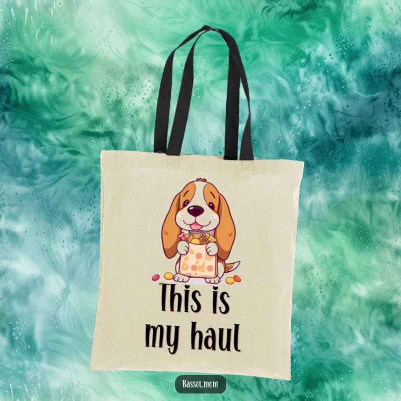 Funny Basset Hound tote bag featuring a tiny shopping bag overflowing with treats, showcasing a love for snacks.