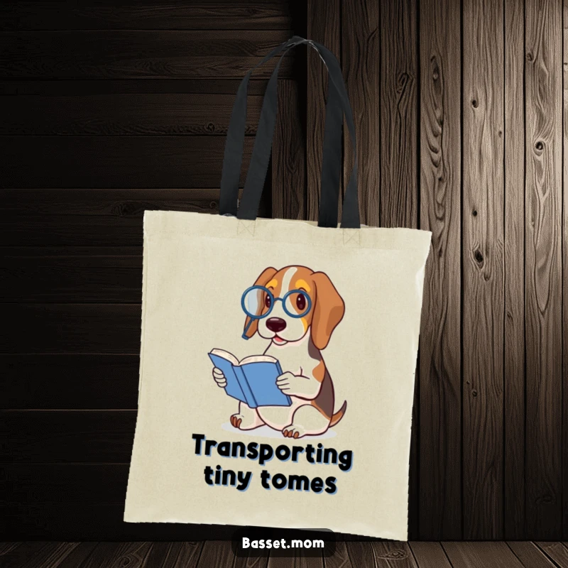 Funny Basset Hound tote bag featuring a dog with monocle and book, exuding scholarly charm and humorous sophistication for carrying essentials.